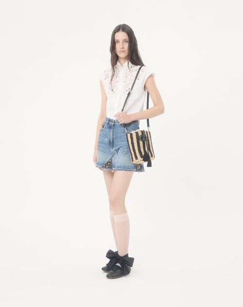 Valentino Garavani - Valentino Garavani Small Striped Raffia Bucket Bag - Natural/black - Woman - Shoulder Bags